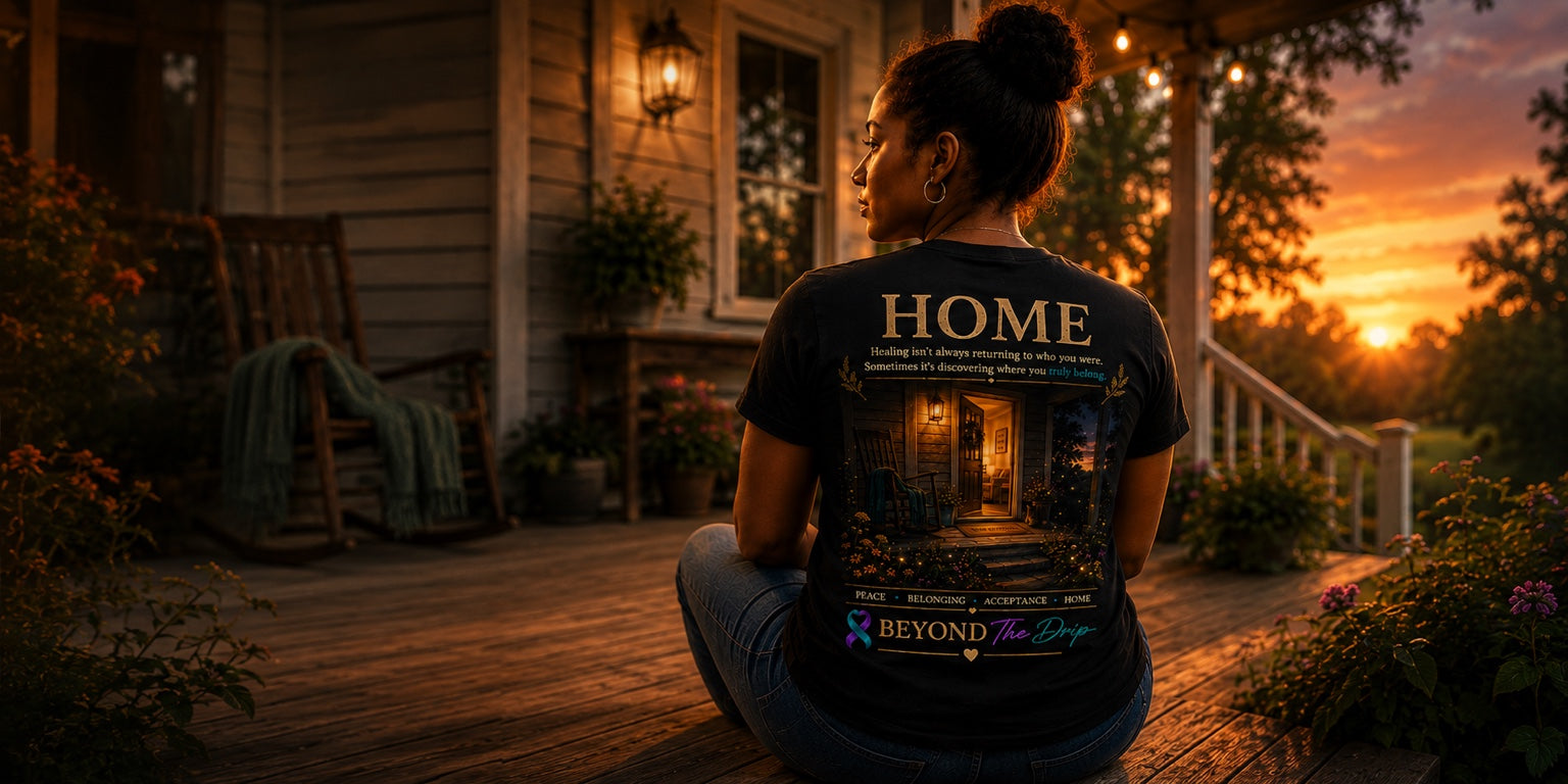 Woman wearing the Beyond The Drip HOME shirt on a warmly lit porch at sunset