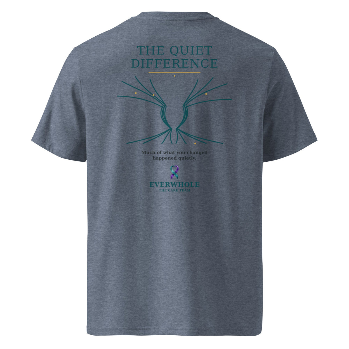 THE QUIET DIFFERENCE organic T-shirt in Dark Heather Blue, back view with abstract line artwork