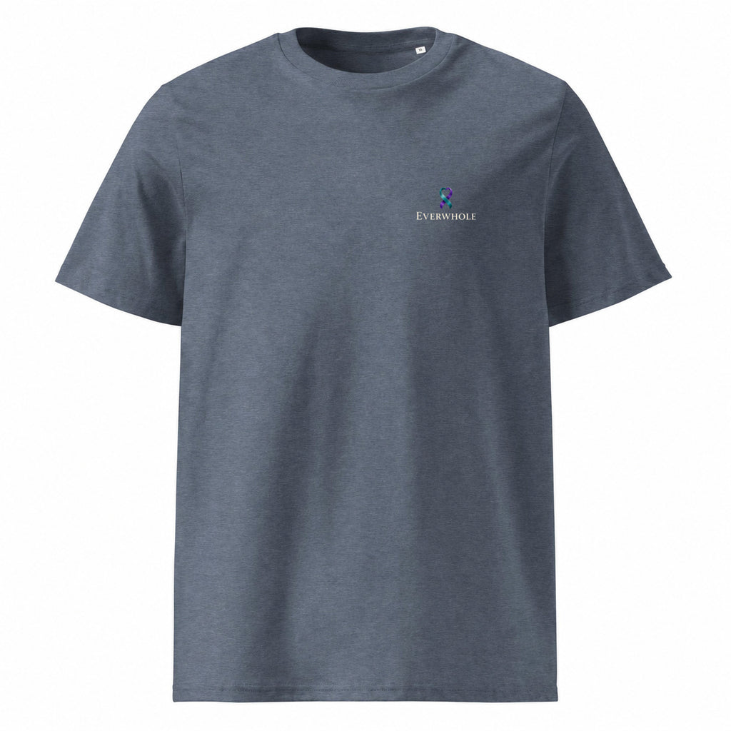 THE QUIET DIFFERENCE organic T-shirt in Dark Heather Blue, front view with EVERWHOLE left-chest signature