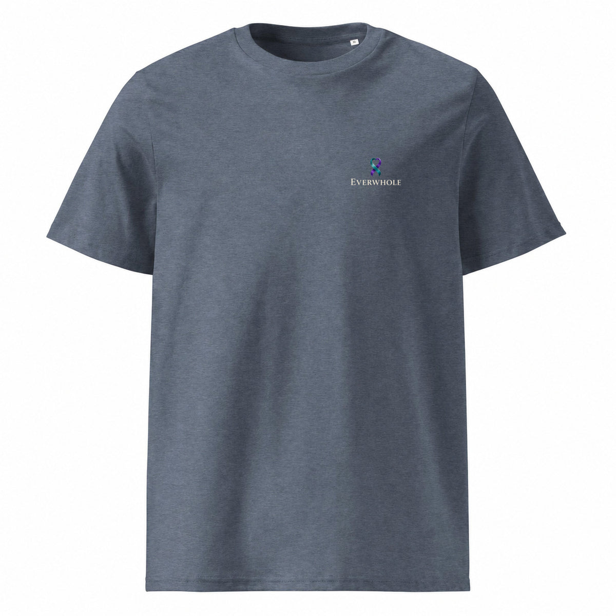 THE QUIET DIFFERENCE organic T-shirt in Dark Heather Blue, front view with EVERWHOLE left-chest signature