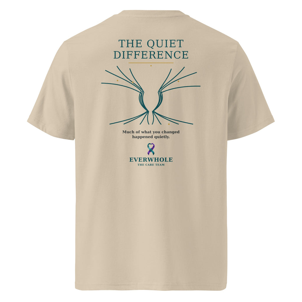 THE QUIET DIFFERENCE organic T-shirt in Desert Dust, back view with abstract line artwork