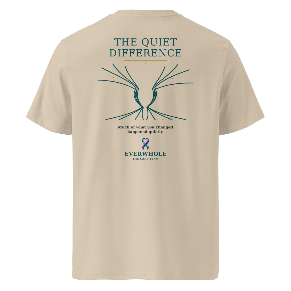 THE QUIET DIFFERENCE organic T-shirt in Desert Dust, back view with abstract line artwork