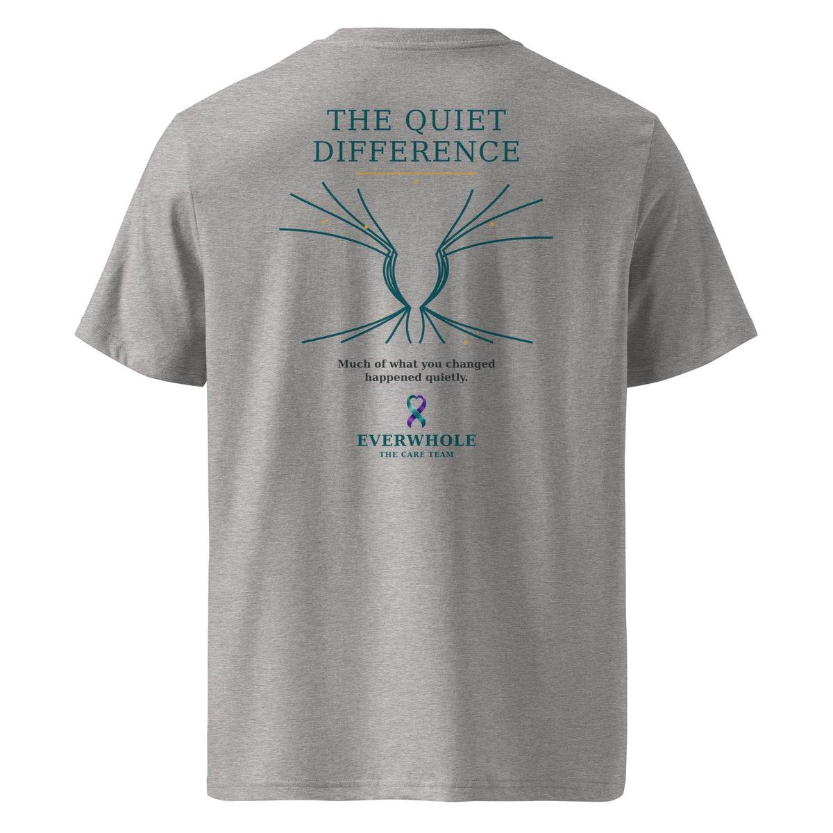 THE QUIET DIFFERENCE organic T-shirt in Heather Grey, back view with abstract line artwork