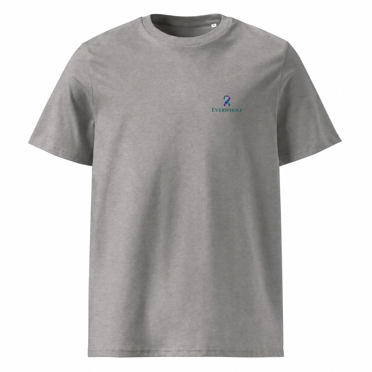 THE QUIET DIFFERENCE organic T-shirt in Heather Grey, front view with EVERWHOLE left-chest signature