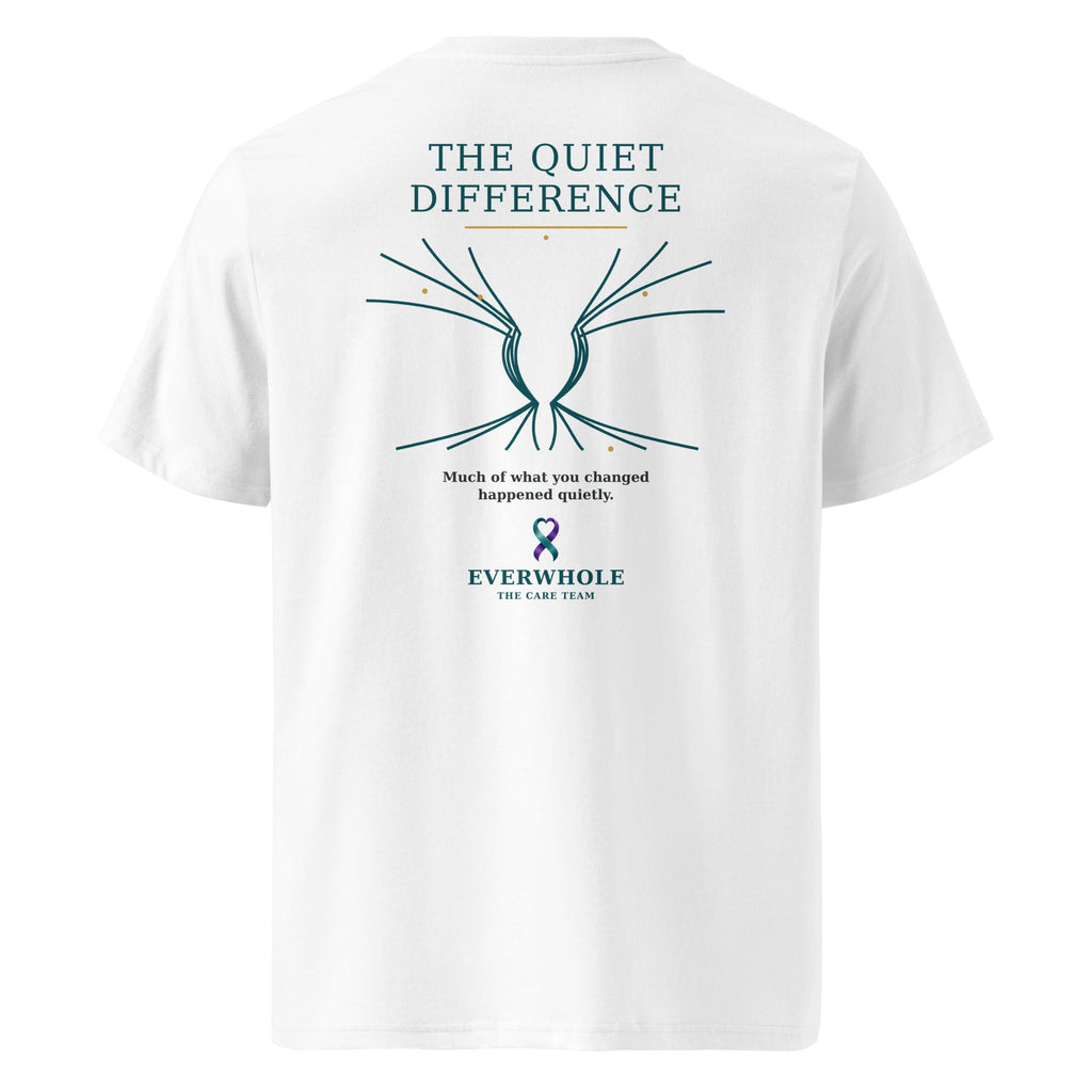 THE QUIET DIFFERENCE organic T-shirt in White, back view with abstract line artwork