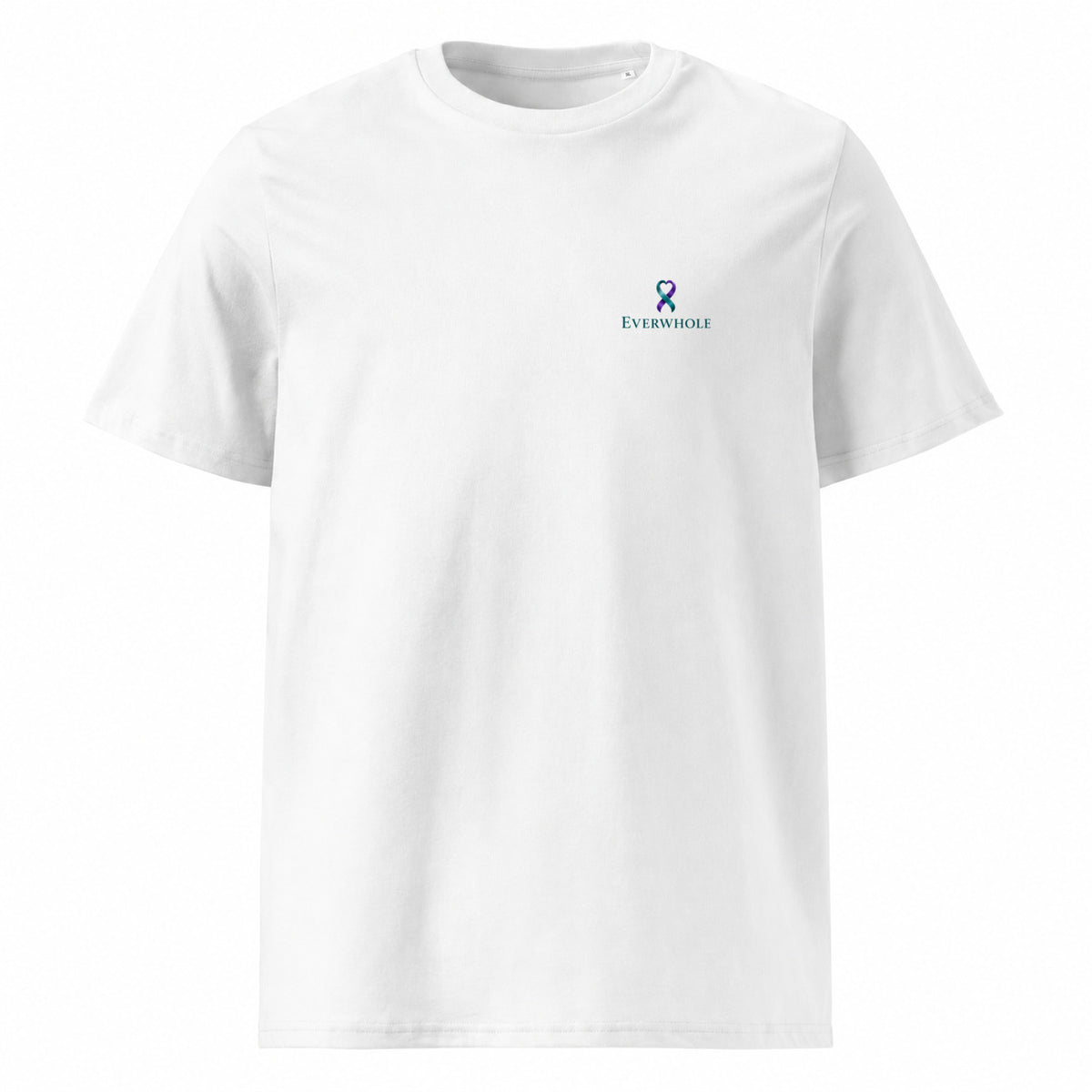 THE QUIET DIFFERENCE organic T-shirt in White, front view with EVERWHOLE left-chest signature